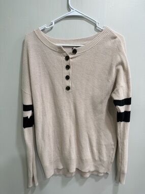 American Eagle Outfitters Cream Henley Sweater with Black Sleeve Stripes
